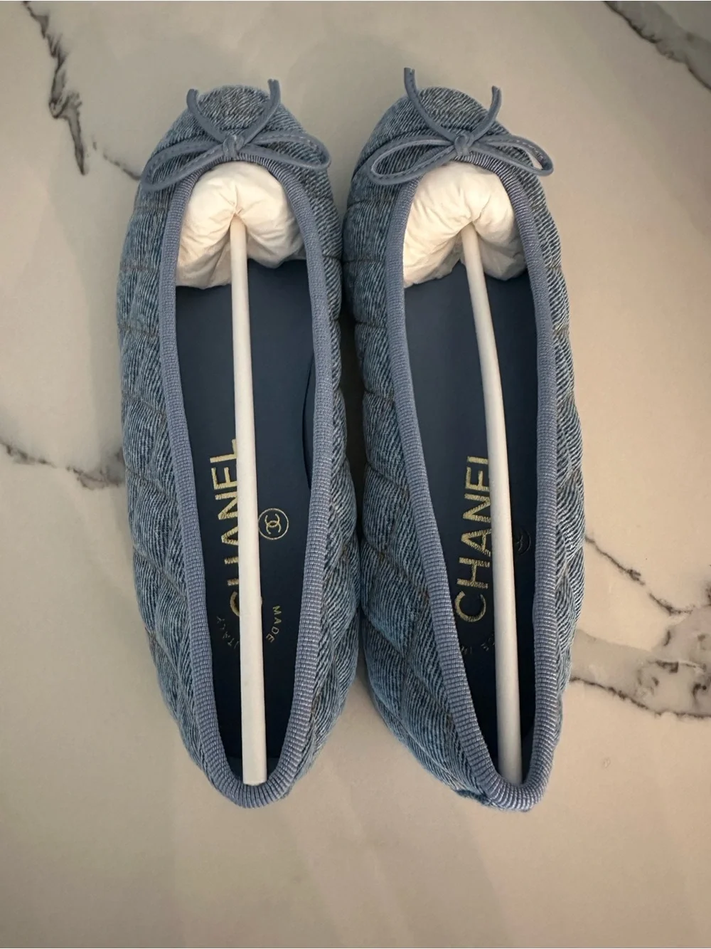 CHANEL Light Blue Quilted Denim Ballet Flats 35 NEW
